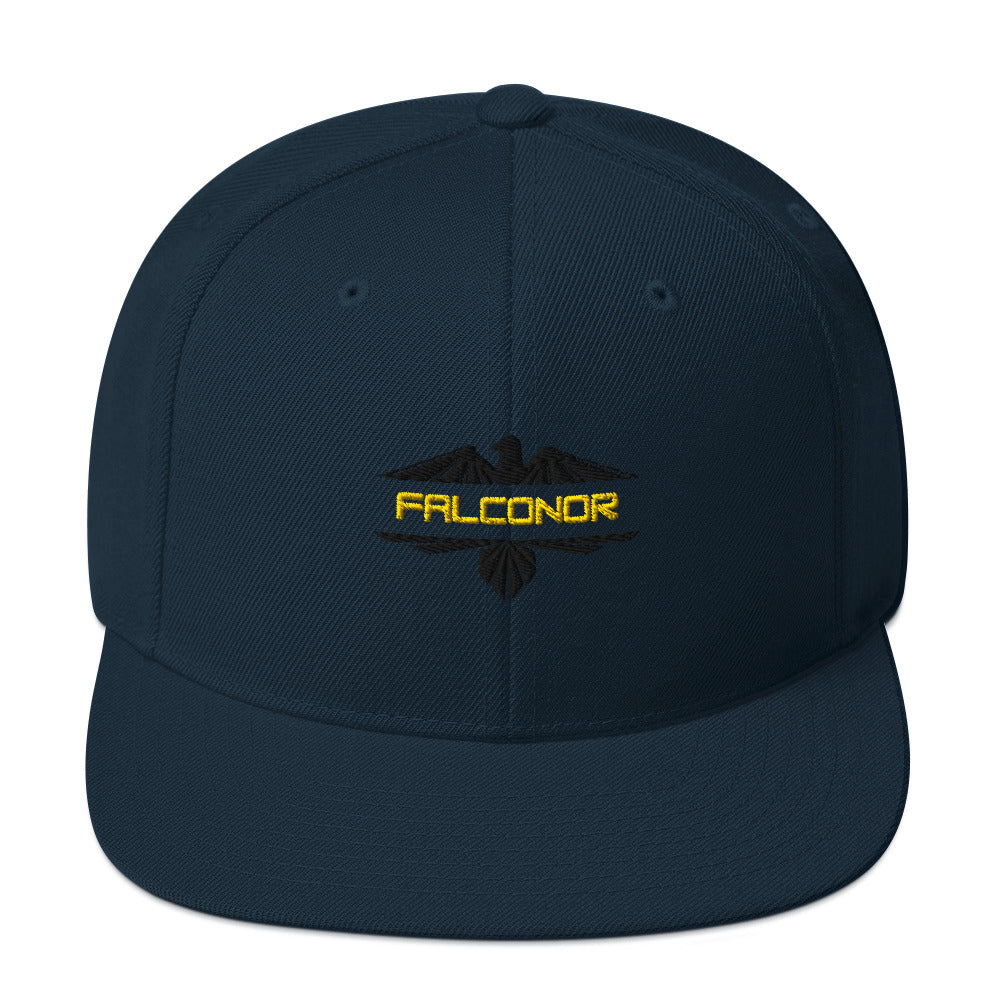 Falconor EastHood structured snapback hat with green camo flat brim and adjustable closure